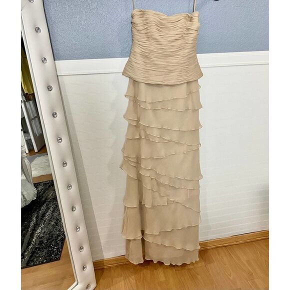 Jovani Vintage Nude Strapless Gown Ruched Bodice and Ruffle - Picture 4 of 15